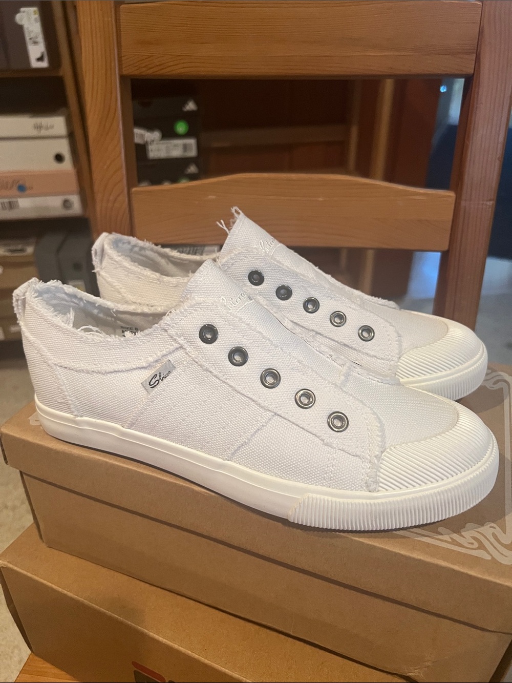 Sbicca White Canvas Slip-On Sneakers with Frayed Trim